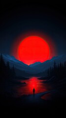 Red sun, mountains, figure by lake