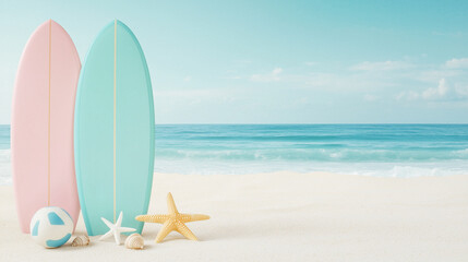 A vibrant beach scene with pastel surfboards and decorative elements, perfect for capturing the essence of summer fun and coastal adventures