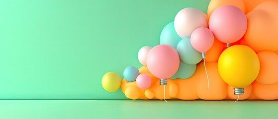 Balloons in pastel hues arranged on a mint green background evoke a cheerful, festive atmosphere