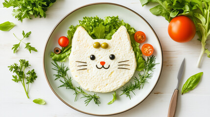 A cute cat-shaped dish made from rice and fresh greens, perfect for playful meals and encouraging healthy eating habits in children
