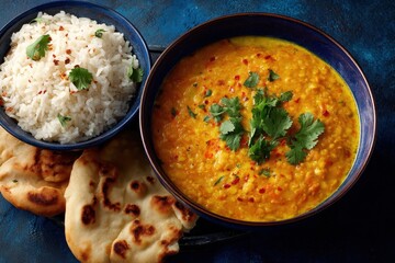 Coconut curry red lentil soup served with basmati rice and naan against a dark blue backdrop