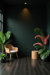 Serene Interior Design with Dark Walls, Wooden Chair, and Lush Tropical Plants