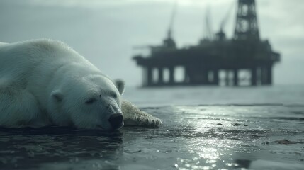 Obraz premium Arctic bear rests near an oil rig.