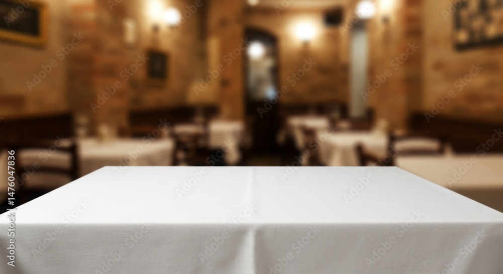 Poster empty white tablecloth in a restaurant with blurred background for product display