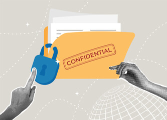 Trendy halftone collage. Confidential information protection concept, data security. Document security concept, accessibility control concept.