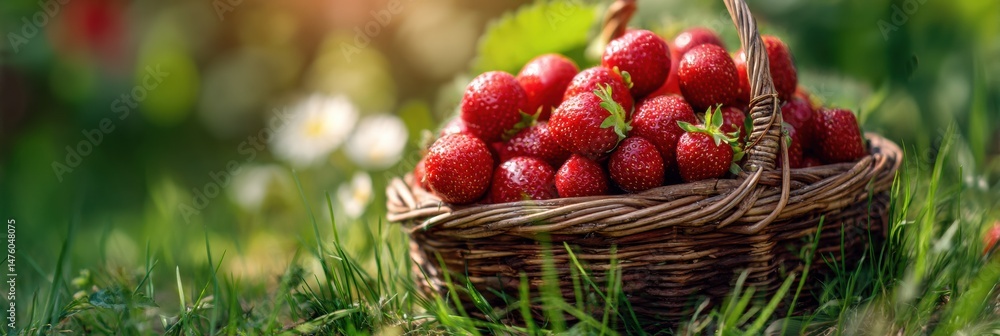 Poster fresh strawberries in a wicker basket resting on green grass in a sunny outdoor setting with space f