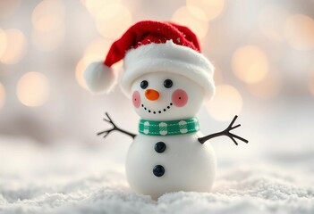 Fototapeta premium Miniature snowman in Santa hat, snowy scene, soft light, bokeh, photography, design