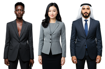 Studio portrait of three diverse business professionals: a Black woman, an East Asian woman, and a Middle Eastern man, standing in formal suits against a transparent background.
