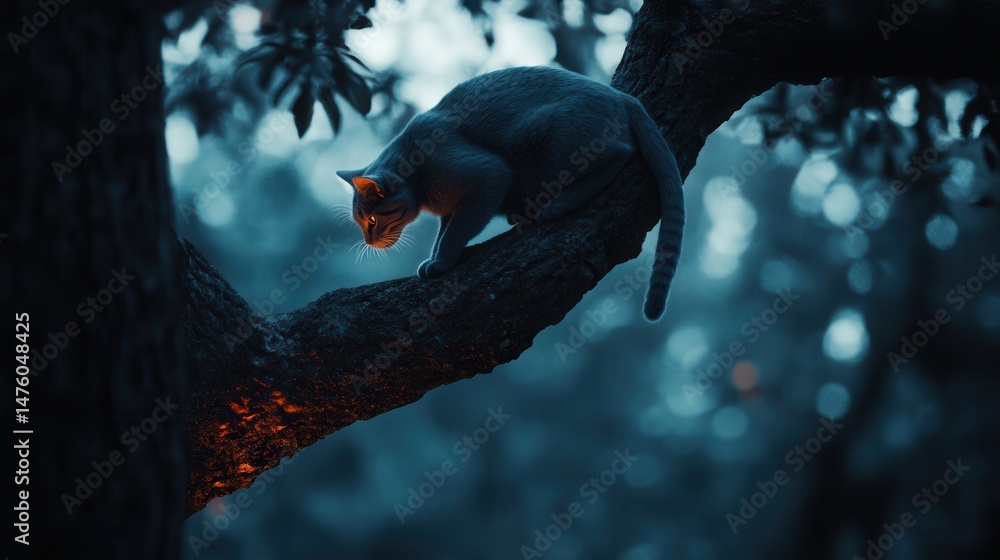 Poster a serene gray cat perched on a tree branch, gazing intently at a glowing object below, surrounded by