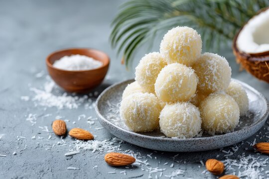 Coconut sweets made with condensed milk on a plate against a concrete backdrop Indian dessert Coconut Ladoo
