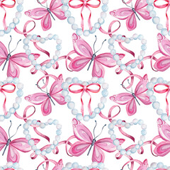 Seamless watercolor pattern. Hand drawn pink butterflies, beads, pink ribbons and bows isolated on white background. Design for wrapping paper, fabric printing.