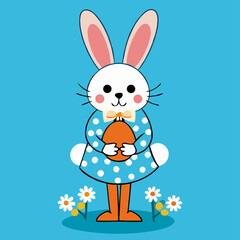 Cute Easter Bunny Holding Egg, Cartoon Illustration
