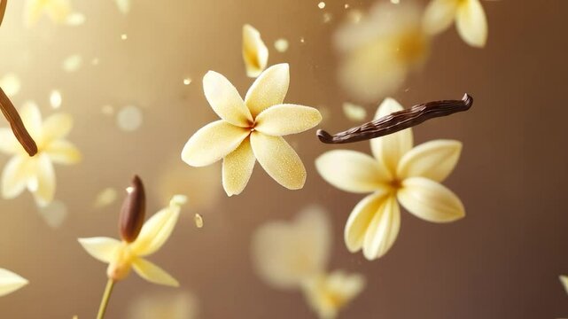 Vanilla flowers and pods in mid-air