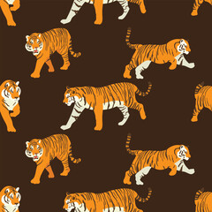 Seamless vector graphic design of cute tiger animals features charming, clean, and scalable illustrations perfect for various digital and print applications. 