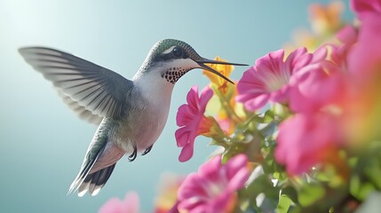 Fototapeta premium A vibrant hummingbird close-up amongst colorful flowers.