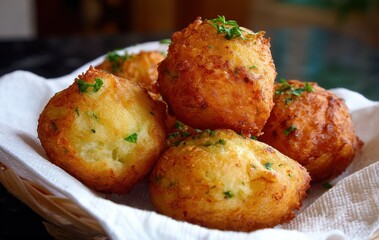 Fototapeta premium Cod cakes salted fish fritters bacalao buñuelos Brazilian bolinho de bacalhau snack