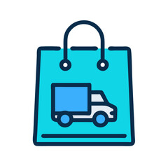 Delivery truck icon on shopping bag isolated on black