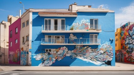 "Colorful Building with a Giant Turtle Mural in Puerto del Rosario, Fuerteventura"