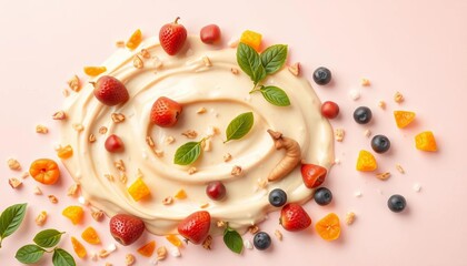 Pastel gradient background with creamy wellness blend, scattered superfoods, colorful, matcha