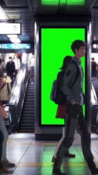 Anime Characters Walking Past a Subway Advertisement with Green Screen Footage