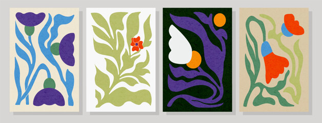 abstract Floral doodle vector  illustration ,Stylized botanical shapes in bold red, green, blue, and orange,Minimalist nature art on colored backgrounds, for wall decor, posters, or invitation