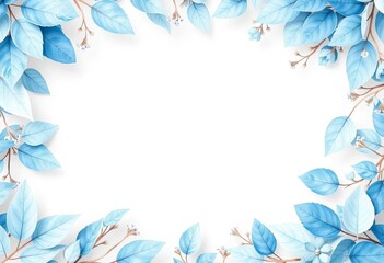 Pale blue watercolor leaves & floral border, pastel palette, botanical design, flowers, botanical