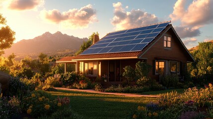 Obraz premium Countryside home has solar panels installed on the roof for a sustainable and eco friendly energy solution.