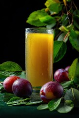 Fototapeta premium Refreshing Yellow Juice in a Tall Glass Surrounded by Fresh Plums and Green Leaves on a Dark Background for a Wellness and Healthy Lifestyle Theme