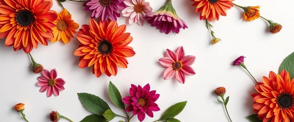 Overhead shot of blank white card adorned with abstract floral blooms,  white background texture, greeting card