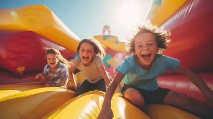 Obraz premium Three children playing on a large inflatable bounce house, with one child wearing a blue shirt and the other two wearing striped shirts.