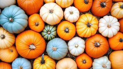 Pumpkin Patch of Autumnal Delight: An overhead view showcases an assortment of vibrantly colored pumpkins, arranged in a photorealistic fashion. perfect image for fall season and decoration.