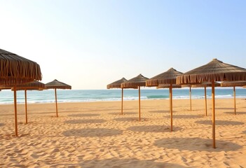 Neat row of beach umbrellas on golden sand, Indian Ocean horizon, warm, view