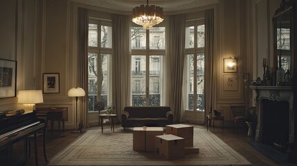 A Parisian apartment's elegant, dimly lit interior.