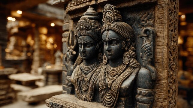 Ardhanarishvara representation of shiva and parvati temple sculpture indoors close-up spiritual unity