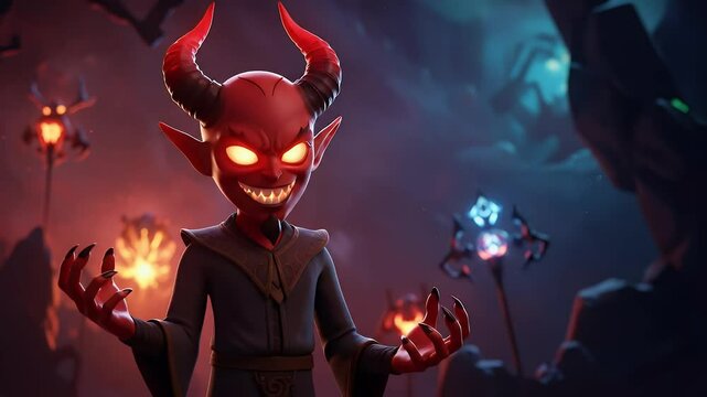 Red devil cartoon character illustration with horns and sharp teeth in fantasy setting, Generative AI