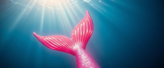 Mystical mermaid's tail fin shimmering underwater, sunlight filtering from above, tail, graceful