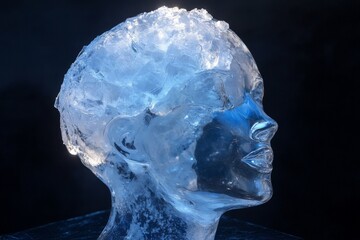 Transparent head profile, brain glowing in icy blue 