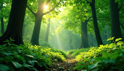 Obraz premium Lush forest green foliage, sunlight dappling through leaves , leaf, forest