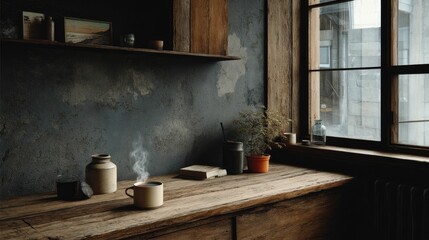 Rustic Kitchen Still Life: Steaming Mug and Aged Wood