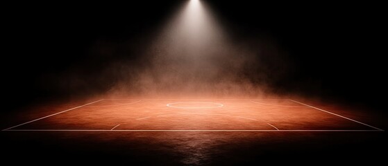 Court with floor in spotlight, set against a dark, hazy background