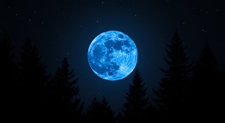 Fototapeta premium Blue Moon Over Dark Forest Silhouette