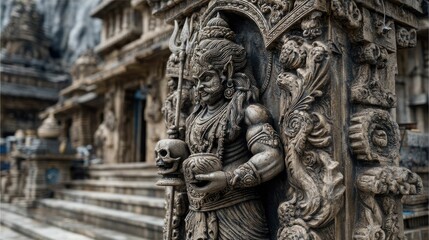 Fototapeta premium Fierce shiva in bhairava form holding skull ancient temple sculpture art spiritual environment close-up