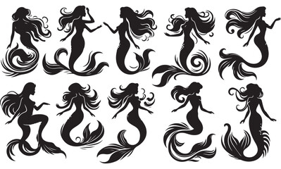Mermaid Silhouettes Vector Set &ndash; Elegant Mermaid Poses for Fantasy Designs, Ocean-Themed Artwork, Tattoos, Marine Illustrations, and Aquatic Concepts.