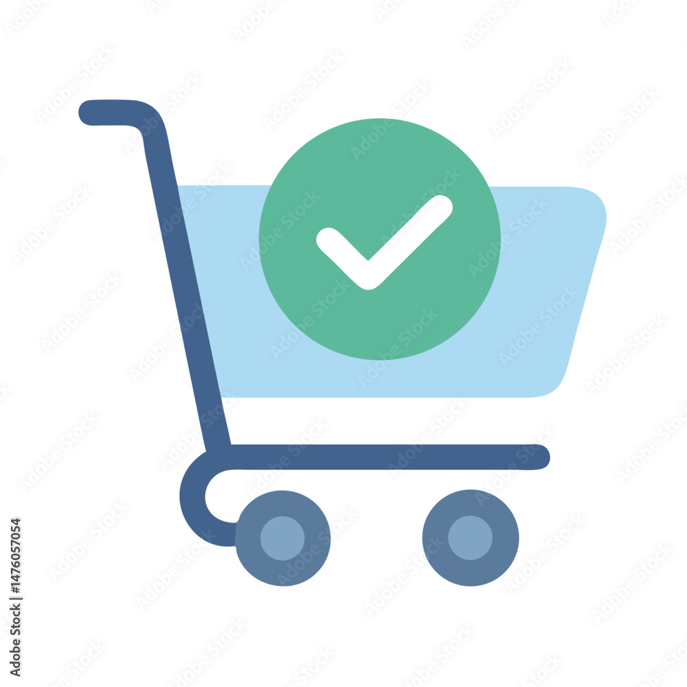 Poster shopping cart with checkmark symbol icon for confirmation order