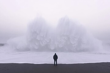 Solitary figure confronts crashing waves on a dark, sandy shore in foggy weather