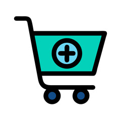 Minimalist shopping cart icon with plus sign symbol