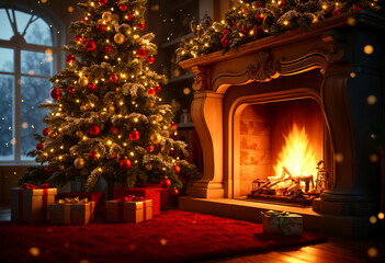 christmas tree in front of fireplace