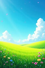 Obraz premium Serene Meadow Landscape Vibrant Blooms Under a Sunny Sky with Gentle Rolling Hills and Fluffy Clouds
