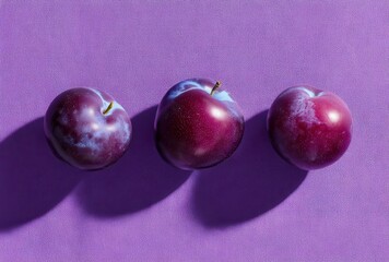 Three Fresh Plums Arranged on Purple Background with Shadows Casting Beautiful Shapes and Textures for Food Photography and Culinary Use