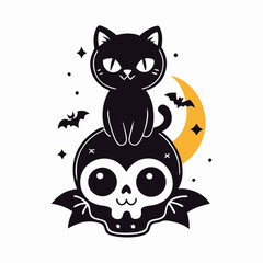 Cute Black Cat on Kawaii Skull Halloween Design